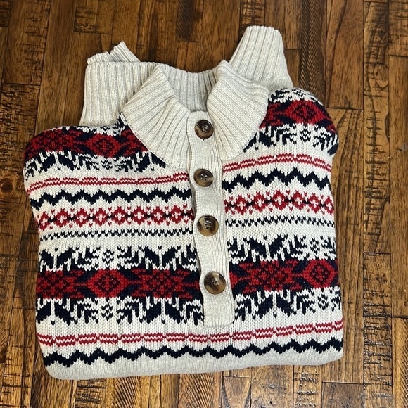 Izod Sweater FairIsle pattern Heathered cream with red and black Holiday - Picture 11 of 13